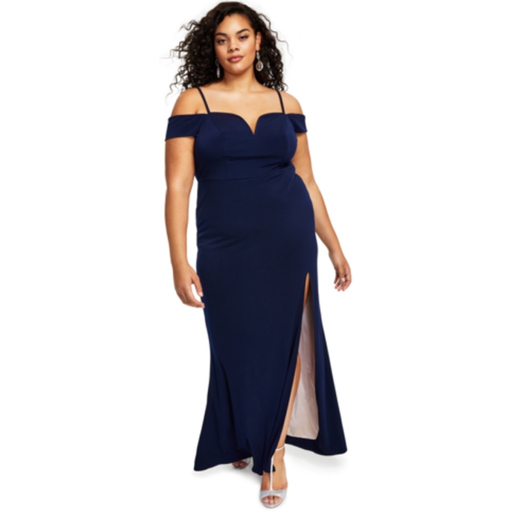 NWT CITY STUDIO Trendy Off-The-Shoulder Slit Gown 18W Navy Blue Rose Pink Dress